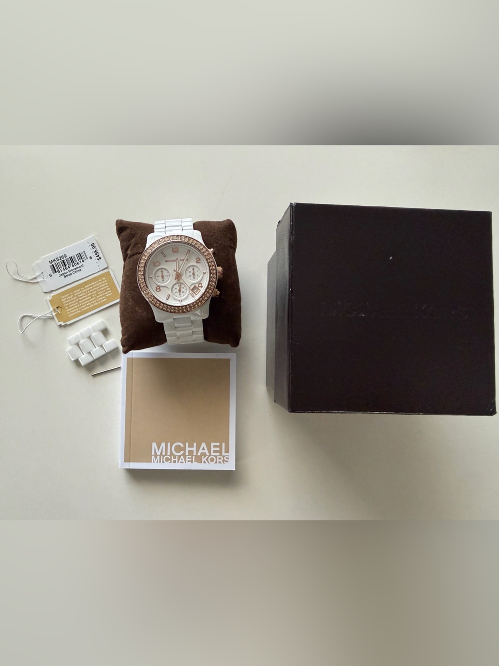 Michael Kors MK5269 Ladies White Ceramic Watch RoseGold Swarovski Crystals Bezel